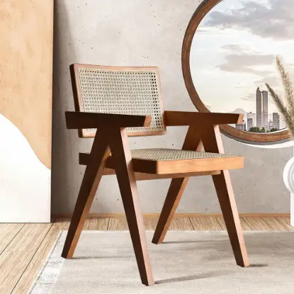 Picture of 1500mm Japandi Dining Table & 4 Walnut Rattan Dining Chairs with Solid Wood Frame