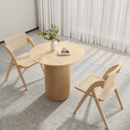 Picture of Japandi 800mm Round Small Dining Table & 2 Natural Folding Dining Chairs Wood Rattan