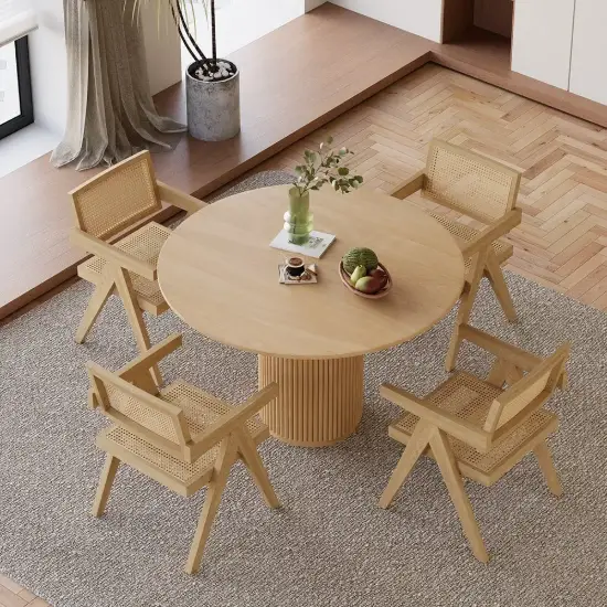 Japandi 1000mm Round Wood Dining Table & 4 Natural Folding Dining Chairs Wood Rattan