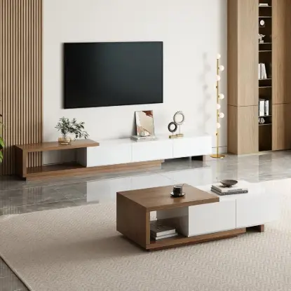 Picture of Quoint Extendable TV Stand & Coffee Table Set – White – Walnut
