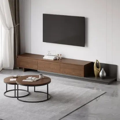 Picture of Fero Extendable TV Stand & Nesting Coffee Table Set – Walnut – Minimalist Retracted Drawers