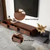 Fero Extendable TV Stand & Nesting Coffee Table Set – Walnut – Minimalist Retracted Drawers