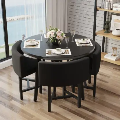 1000mm Round Black Small Nesting Dining Table Set for 4 Black Upholstered Chairs