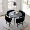 1000mm Round Black Small Nesting Dining Table Set for 4 Black Upholstered Chairs