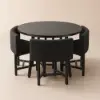 1000mm Round Black Small Nesting Dining Table Set for 4 Black Upholstered Chairs