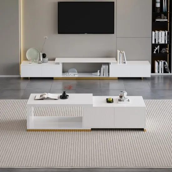 Mordel Glossy White Extendable TV Stand & Coffee Table Set
