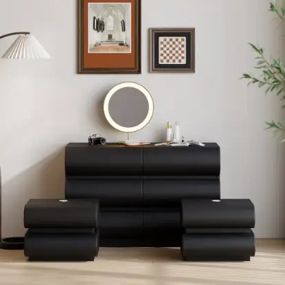 Humply Black Leather 6-Drawer Dresser & 2 Smart Nightstands Set