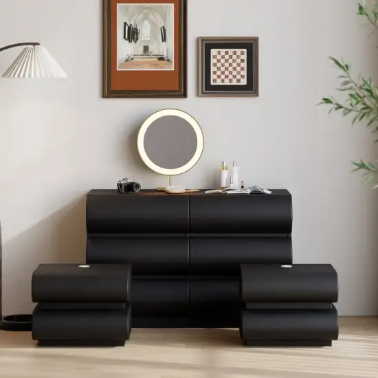 Humply Black Leather 6-Drawer Dresser & 2 Smart Nightstands Set