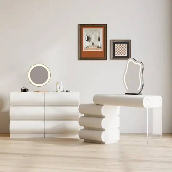 Humply White Leather 6-Drawer Dresser Chest & Makeup Vanity Set