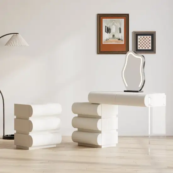 Humply White Leather 3-Drawer Smart Nightstand & Makeup Vanity Set