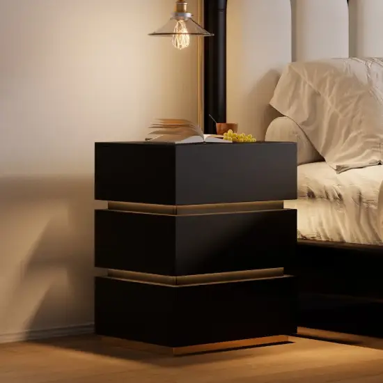 Lumio Black 3-Drawer LED Bedside Table with Charging Station