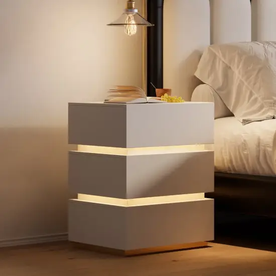 Lumio White 3-Drawer LED Bedside Table with Charging Station