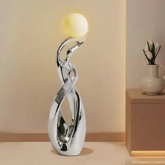 Silver Sculpture with Illuminated Sphere Art Decor