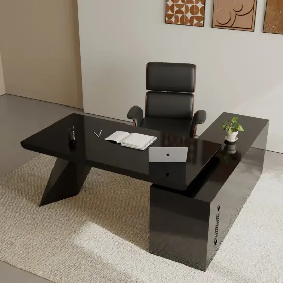 Set Black L-Shape Executive Desk Left Hand Reclining Leather Office Desk Chair (1800mm)