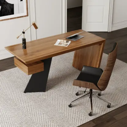 Picture of Set Industrial Distressed Wood Writing Desk Black Faux Leather Office Chair (70.9")