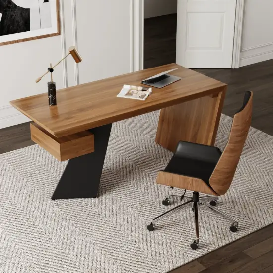 Picture of Set Industrial Distressed Wood Writing Desk Black Faux Leather Office Chair (1400mm)