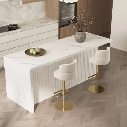 1830mm Large White Kitchen Island & 2 Swivel Bar Stools Set Kitchen Cabinet Marble
