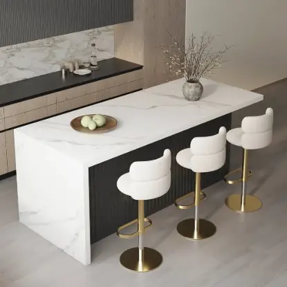 1830mm Large White & Black Kitchen Island & 2 Swivel Bar Stools Set Curved Back Beige