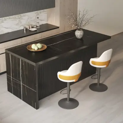 1830mm Black Kitchen Island & 2 Velvet Swivel Bar Stools with Curved Wing Back