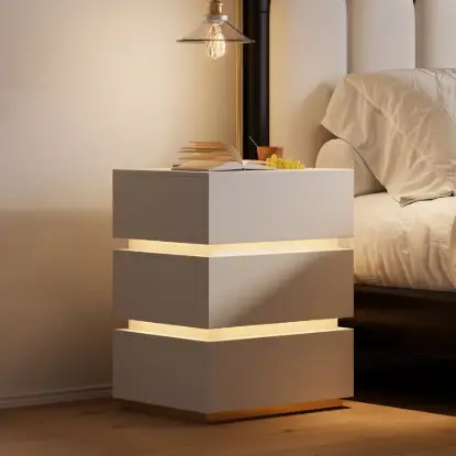 Picture of Lumio White 3-Drawer LED Besidetable with Charging Station, Set of 2