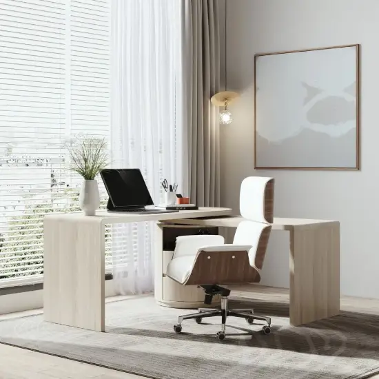 Modern Wash White L Shaped Desk & Off White Home Office Chair Set Upholstered Swivel