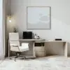 Modern Wash White L Shaped Desk & Off White Home Office Chair Set Upholstered Swivel