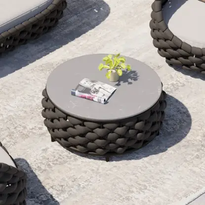 Picture of Tatta Modern Top Round Outdoor Coffee Table with Woven Rope Base & Storage in Black