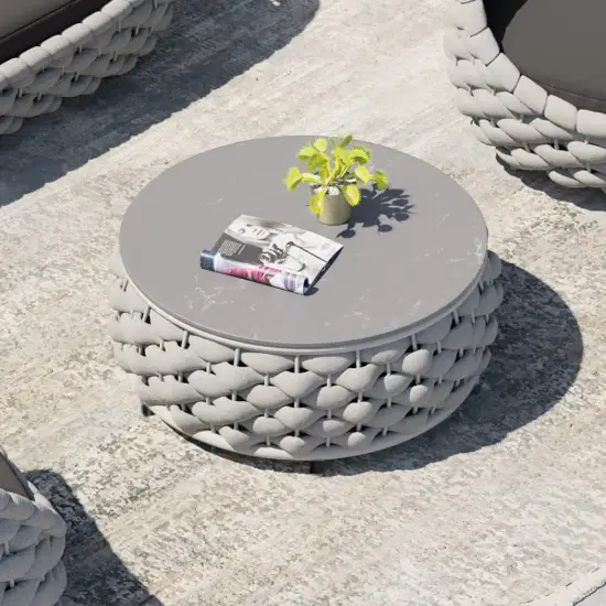 Modern Top Round Outdoor Coffee Table with Storage & Textilene Rope Woven Base in Gray