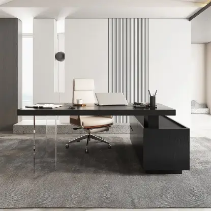 Picture of Set Modern Black L-Shape Standing Desk & Leather Office Desk Chair Set Khaki (1815mm)