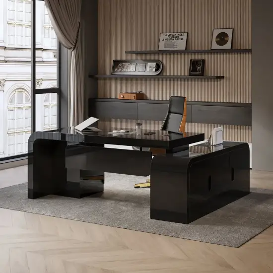 1800mm Black L-shaped Modern Executive Desk Left Hand & Reclining Leather Office Chair