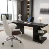 64.2" Black Wooden Writing Desk & White Leather Office Desk Chair Set High Back