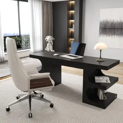64.2" Black Wooden Writing Desk & White Leather Office Desk Chair Set High Back
