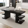 64.2" Black Wooden Writing Desk & White Leather Office Desk Chair Set High Back