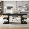 64.2" Black Wooden Writing Desk & White Leather Office Desk Chair Set High Back