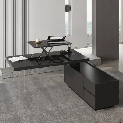 1815mm Modern Black Standing L-Shape Executive Desk with lifter Desktop Right Hand