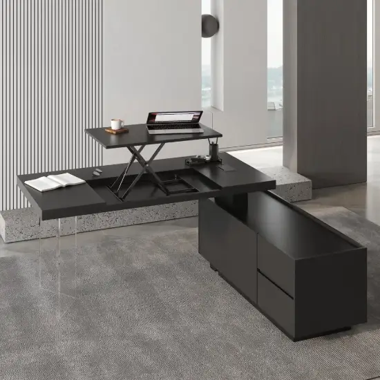 1815mm Modern Black Standing L-Shape Executive Desk with lifter Desktop Right Hand