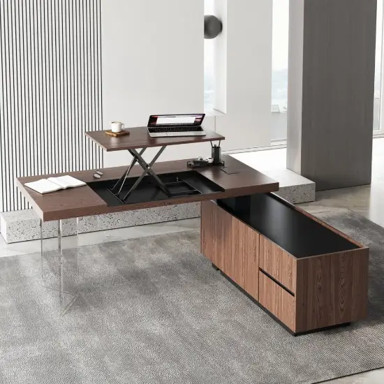 1815mm Modern Walnut Standing L-Shape Executive Desk with lifter Desktop Right Hand