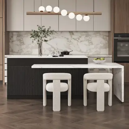 2050mm-2680mm Extendable Black Kitchen lsland & 2 White Boucle Dining Room Chairs Set