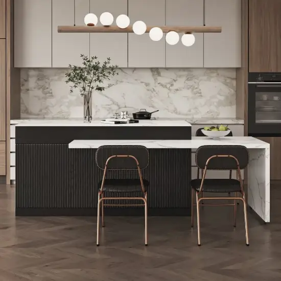 2050mm-2680mm Extendable Black Kitchen lsland & 2 Black Dining Chairs Set Faux Leather