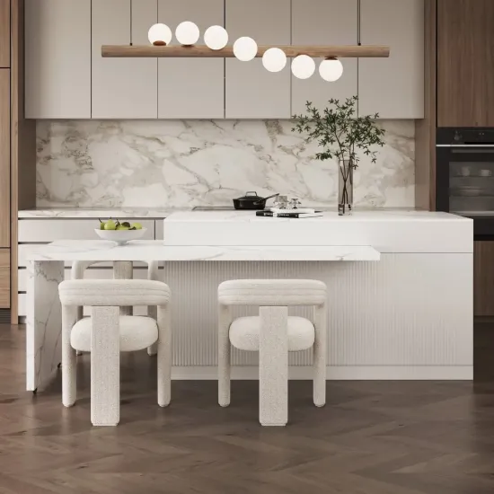 2050mm-2680mm Extendable Kitchen Islands & 2 White Boucle Dining Room Chairs Set
