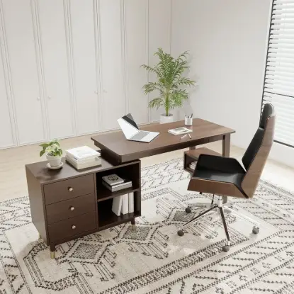Picture of Ultic Walnut L Shaped Home Office Desk & Faux Leather Office Chair Set with Wheels