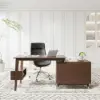 Ultic Walnut L Shaped Home Office Desk & Faux Leather Office Chair Set with Wheels