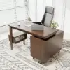 Ultic Walnut L Shaped Home Office Desk & Faux Leather Office Chair Set with Wheels