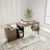 Ultic Walnut L Shaped Home Office Desk & Faux Leather Office Chair Set with Wheels