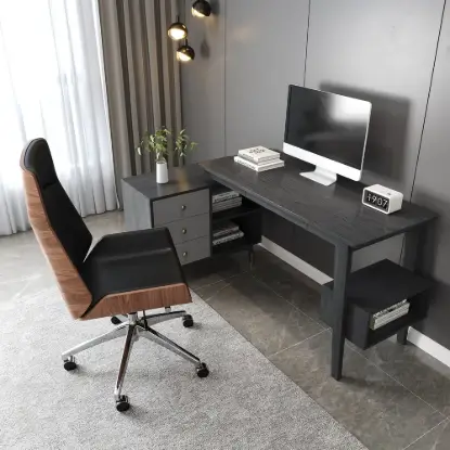 Picture of Ultic Gray Reversible L-Shaped Desk & Faux Leather Office Chair Set with Wheels