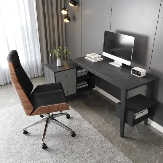 Picture of Ultic Gray Reversible L-Shaped Desk & Faux Leather Office Chair Set with Wheels