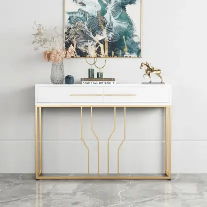 800mm Modern Narrow White Console Table & White Line Tufted Bench Velvet Upholstered