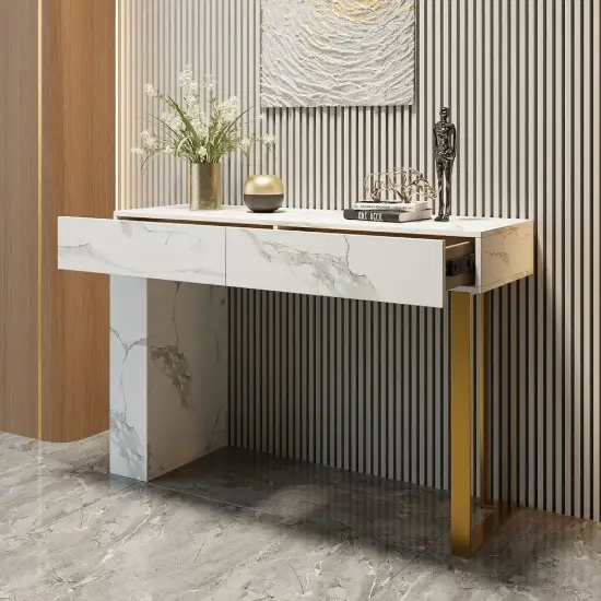 1200mm White Console Table & Wooden Entryway Bench Set Boucle Upholstered Metal Legs