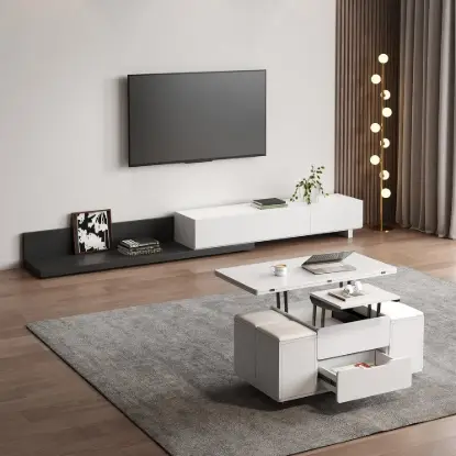 Picture of Rectangle Wood Extendable TV Stand & White Lift Top Coffee Table Set with Storage