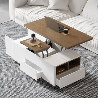 Picture of Minimalist Rectangle White & Walnut Extendable TV Stand & Lift Top Coffee Table Set